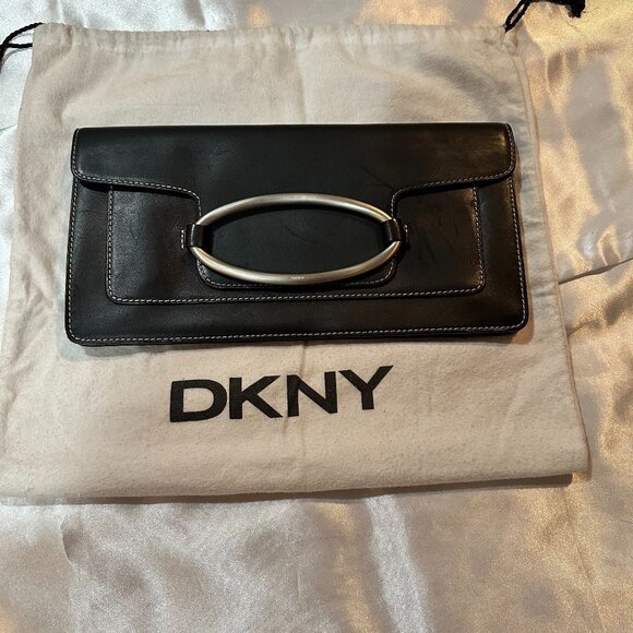 DKNY Handbags - DKNY Black Nappa Leather Clutch Bag w/Brushed Nickel Hardware